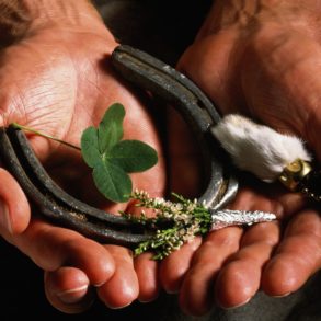 The first horseshoes ever found are from the Etruscans in 400 BC. When the superstition was first introduced in northern Europe, most likely by wandering Celtic tribes, horseshoes were hung from above the doorway in an effort to ward off evil fairy folk who wandered the forests. They were also made of iron, which was considered lucky as well. (The fairy folk were also said to be afraid of the weapons of their enemies, which just happened to be made of iron.)The shoes were said to resemble the Celtic moon god’s crescent symbol. Depending on the source, horseshoes hung with the two ends pointed up collect the luck like a bowl, while horseshoes hung with the two ends pointed down spill out their luck on those who walk underneath it. Another traditional aspect said to provide luck was that they were usually held up by seven iron nails—which, as we’ll see later on, is often seen as an important number.